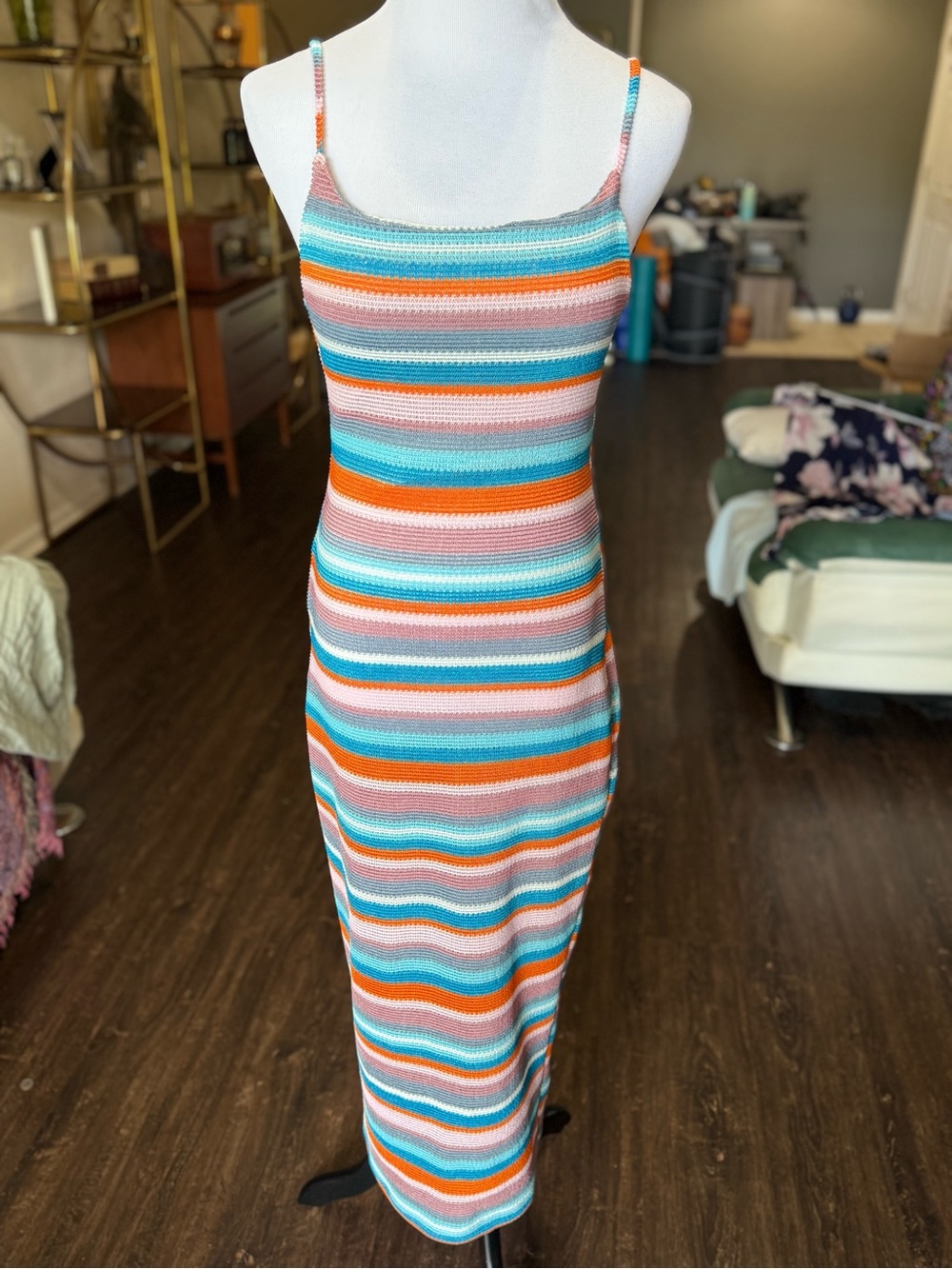 Striped Knit Maxi Dress with Spaghetti Straps - Multi